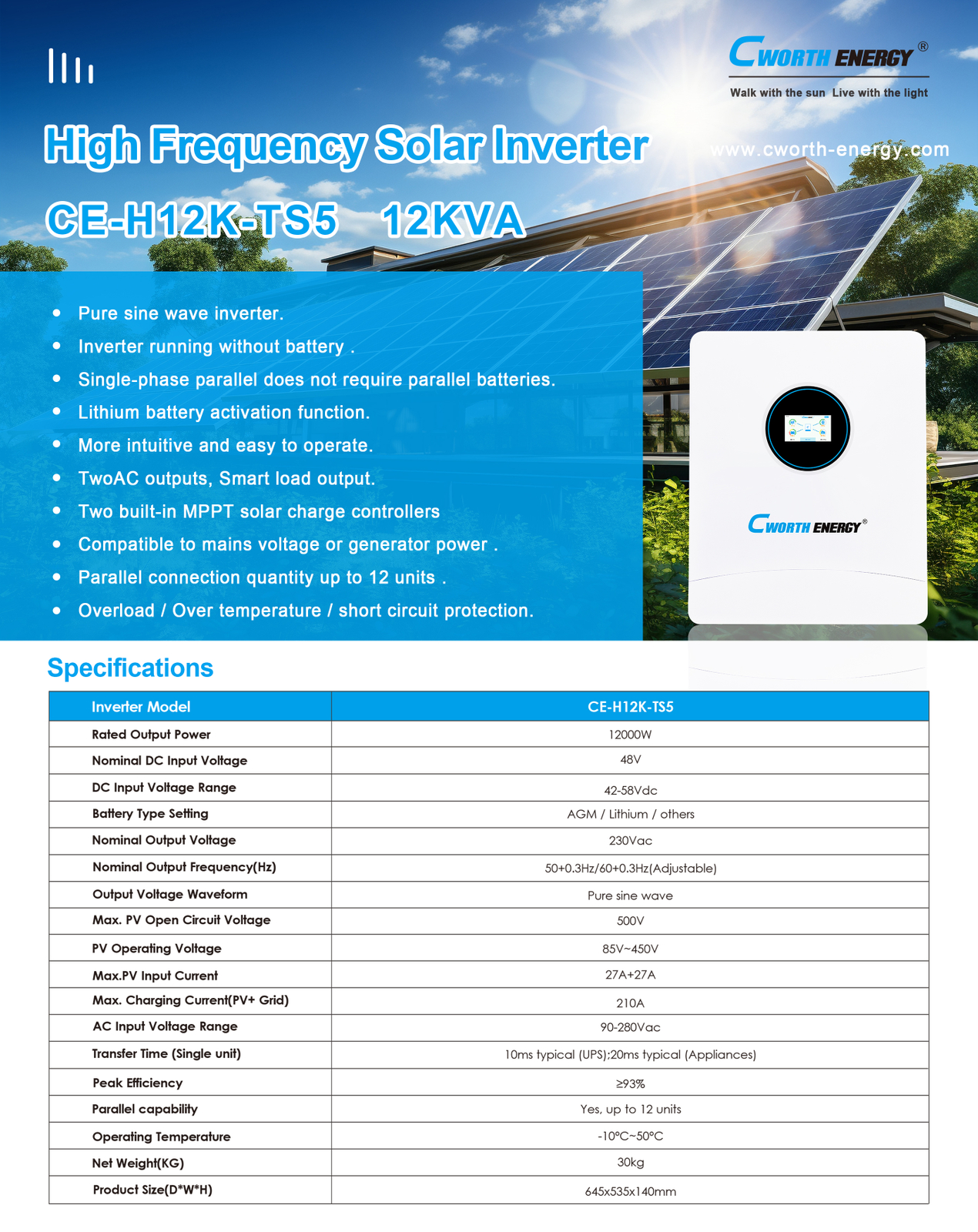 12KW Inverter Cworth energy CE-H12K-TS5 - fiche technique