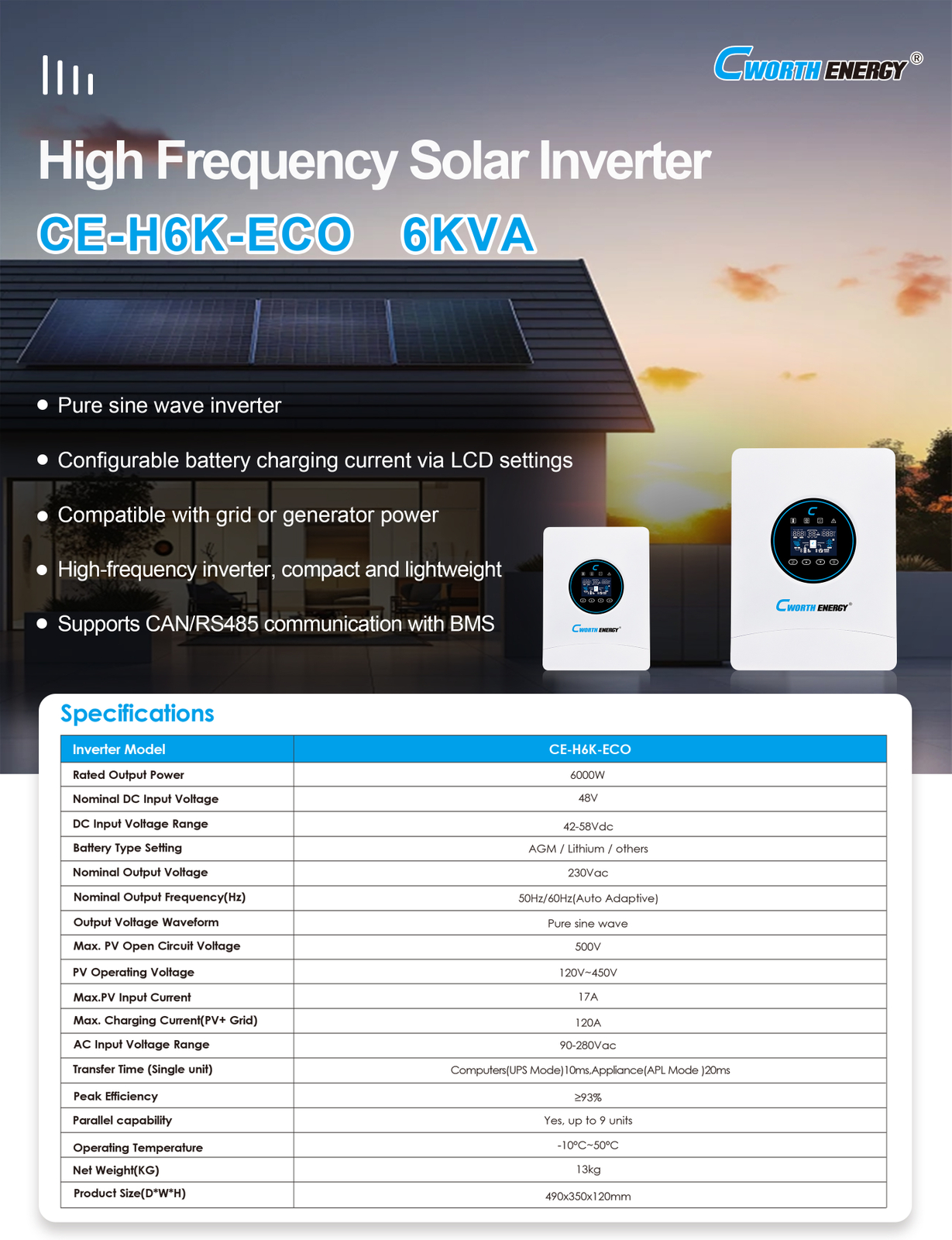 6KW Inverter Cworth energy CE-H6K-ECO - fiche technique