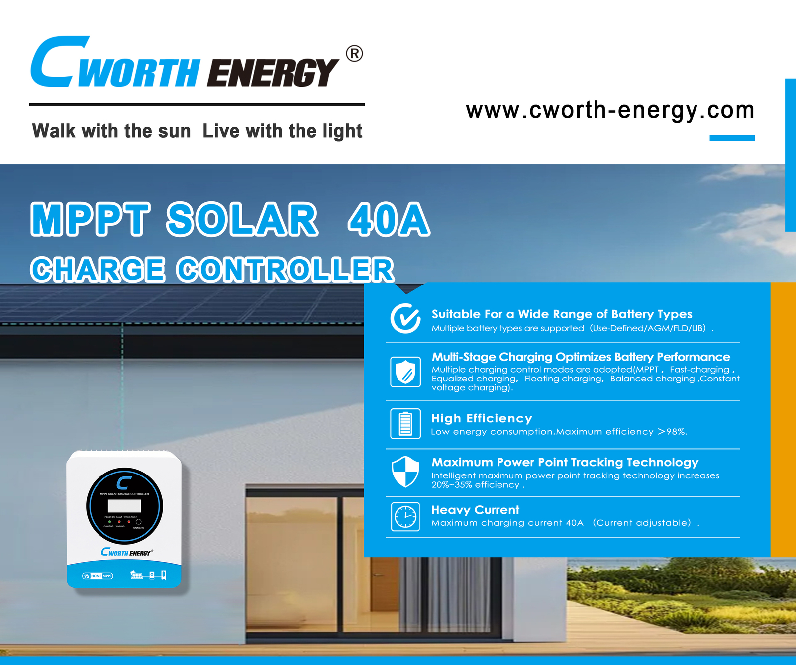 40A MPPT Solar Charge Controller Cworth energy - fiche technique